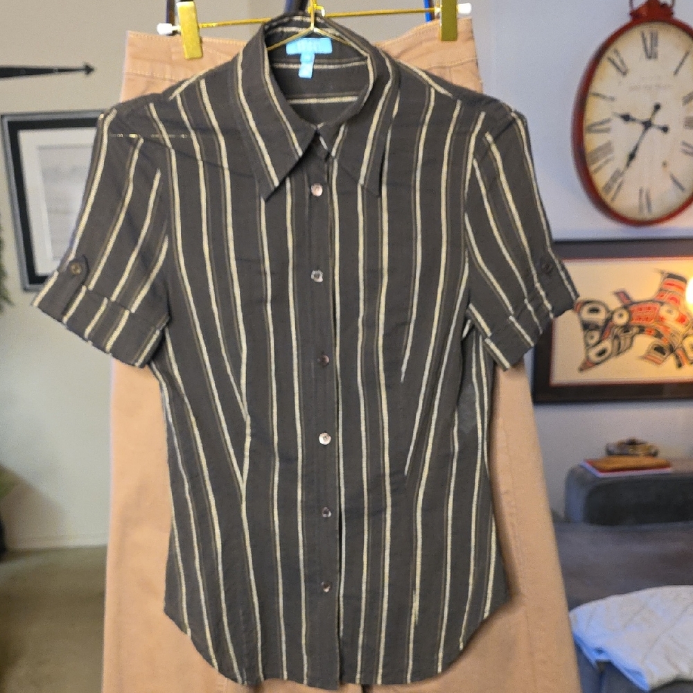 Escada Brown and Cream Striped Button Down Short Sleeve Y2k 90s See Measurements - Picture 2 of 15